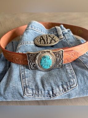 Hand-Tooled Brown Leather Belt with Turquoise Stone Buckle